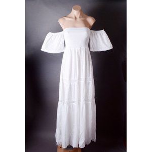 White Eyelet Smocked Off Shoulder Sleeve Bohemian Summer Beach Long Maxi Dress